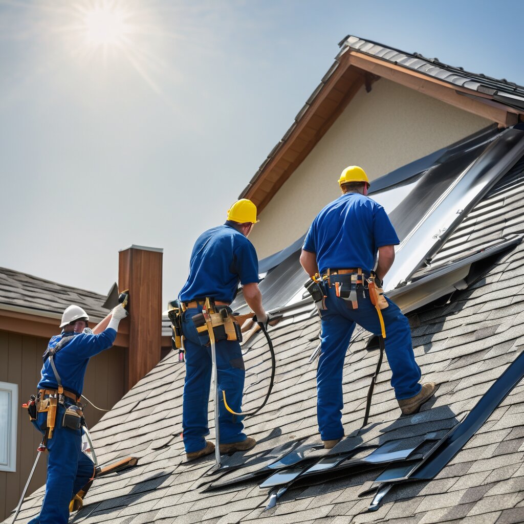 Three roofers with safety equipment working on residential pitched roof