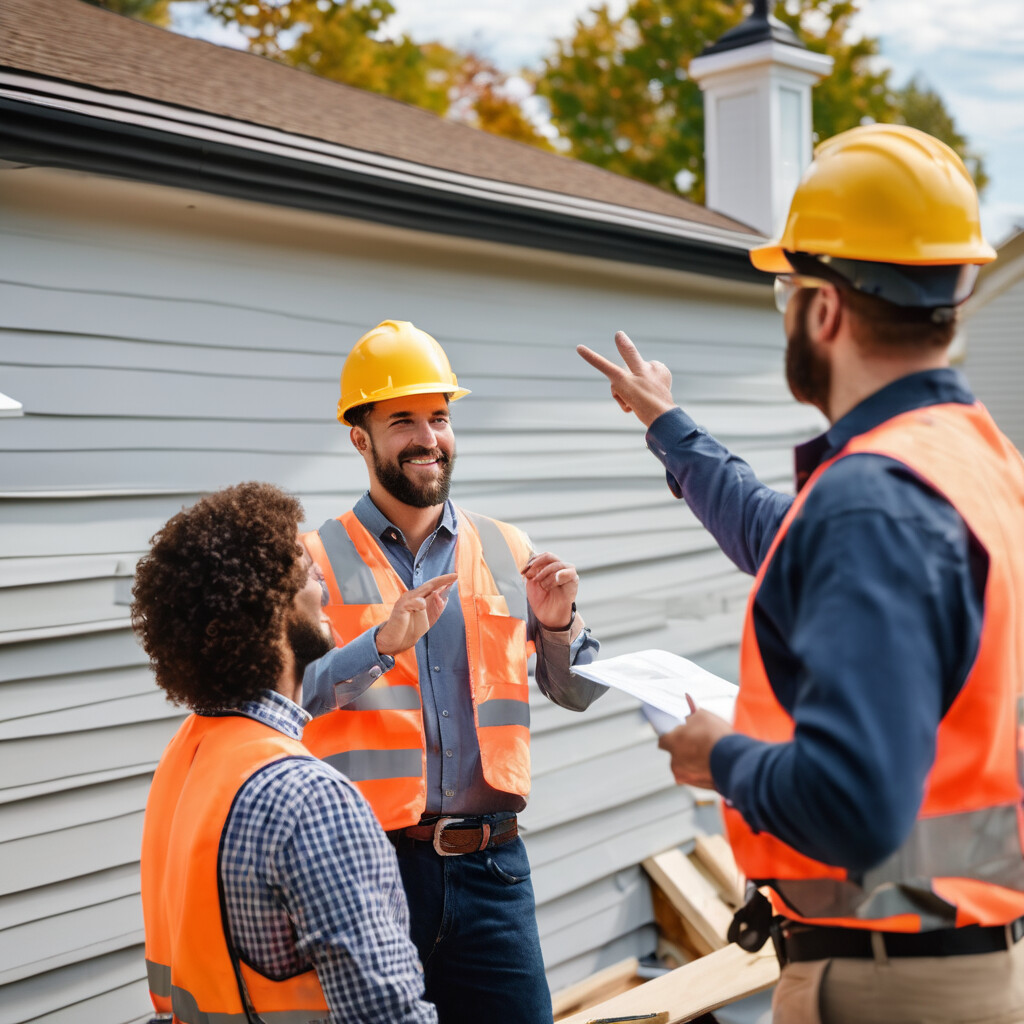 Property manager with clipboard discussing roof inspection beside house