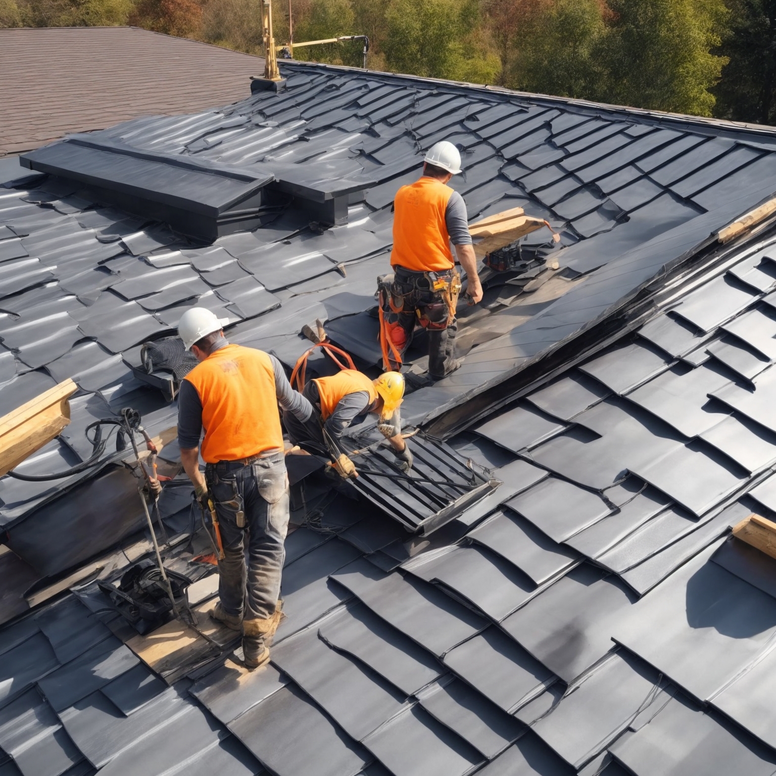 Three workers installing black metal roofing tiles on residential roof