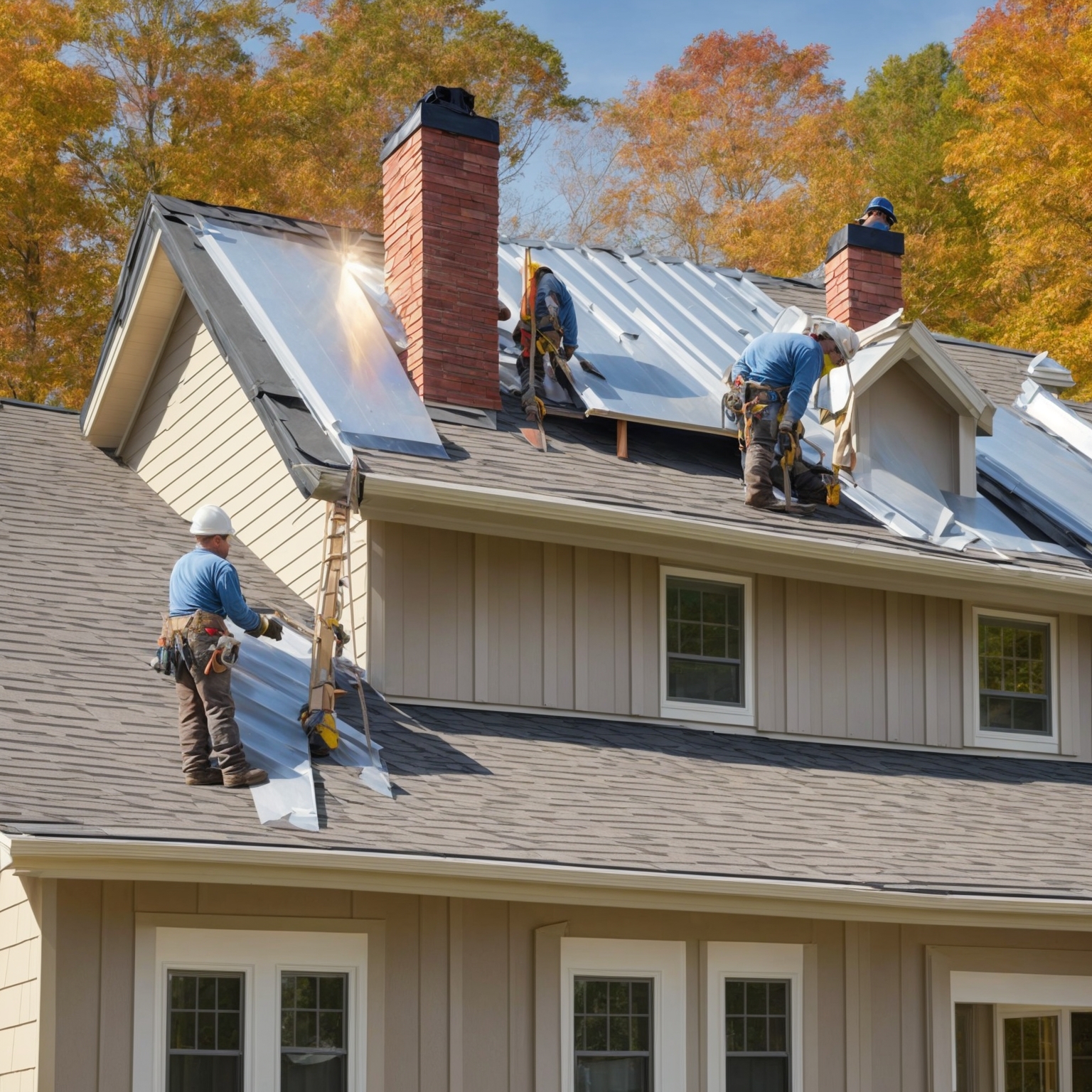 Roofing contractors installing metal roof on residential home