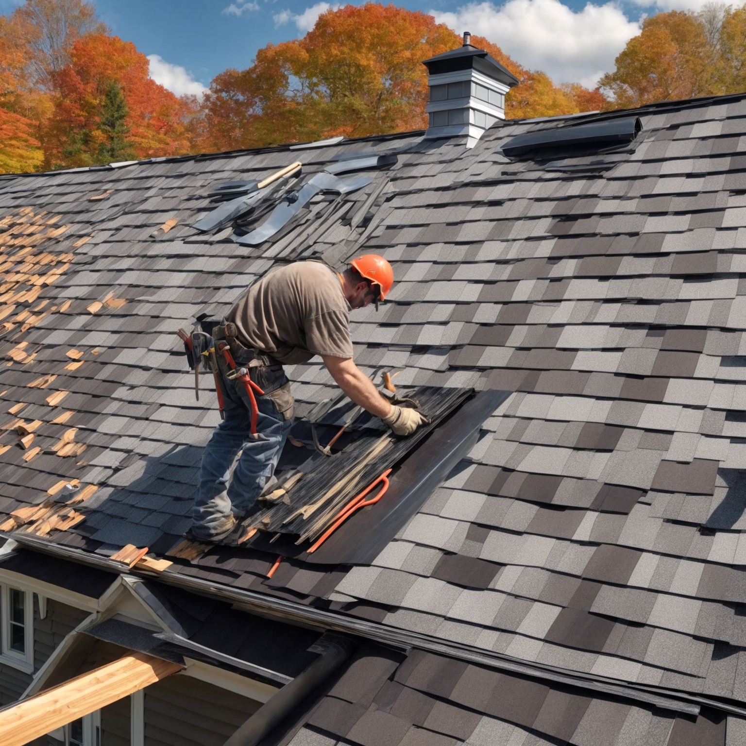 Skilled roofer installing metal shingles with detailed craftsmanship