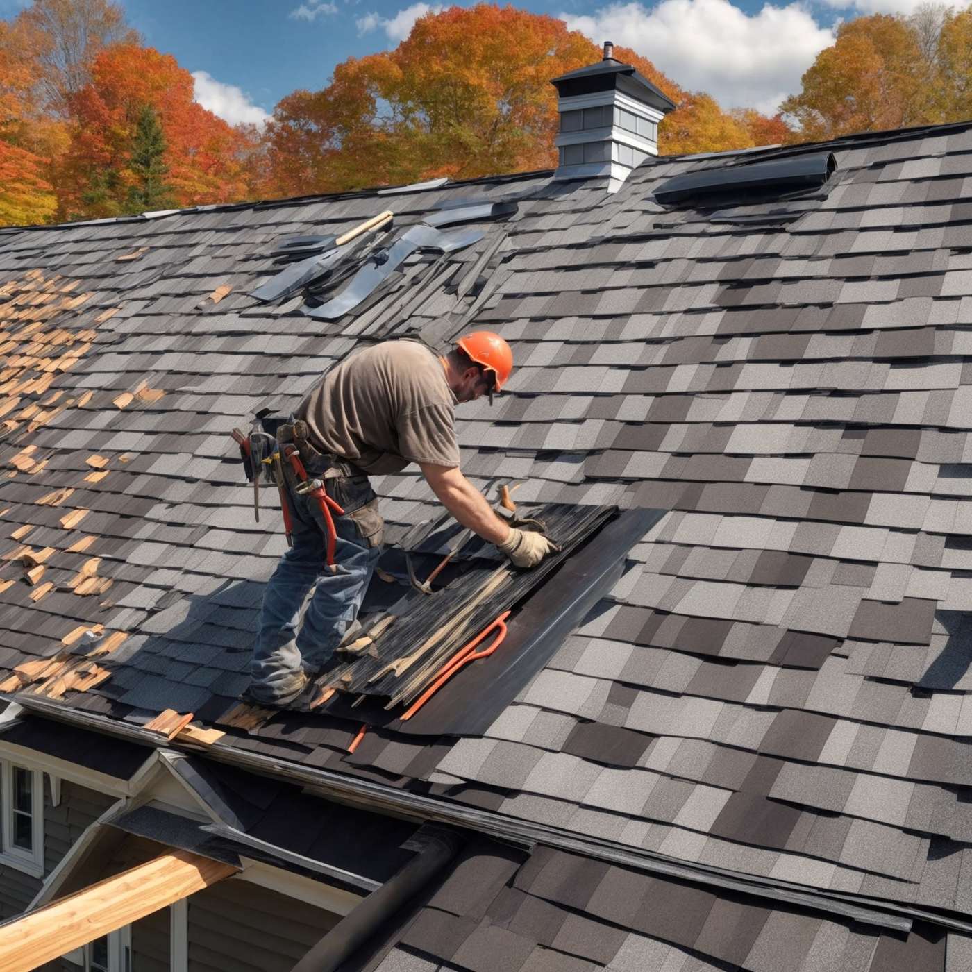 Skilled roofer installing metal shingles with detailed craftsmanship