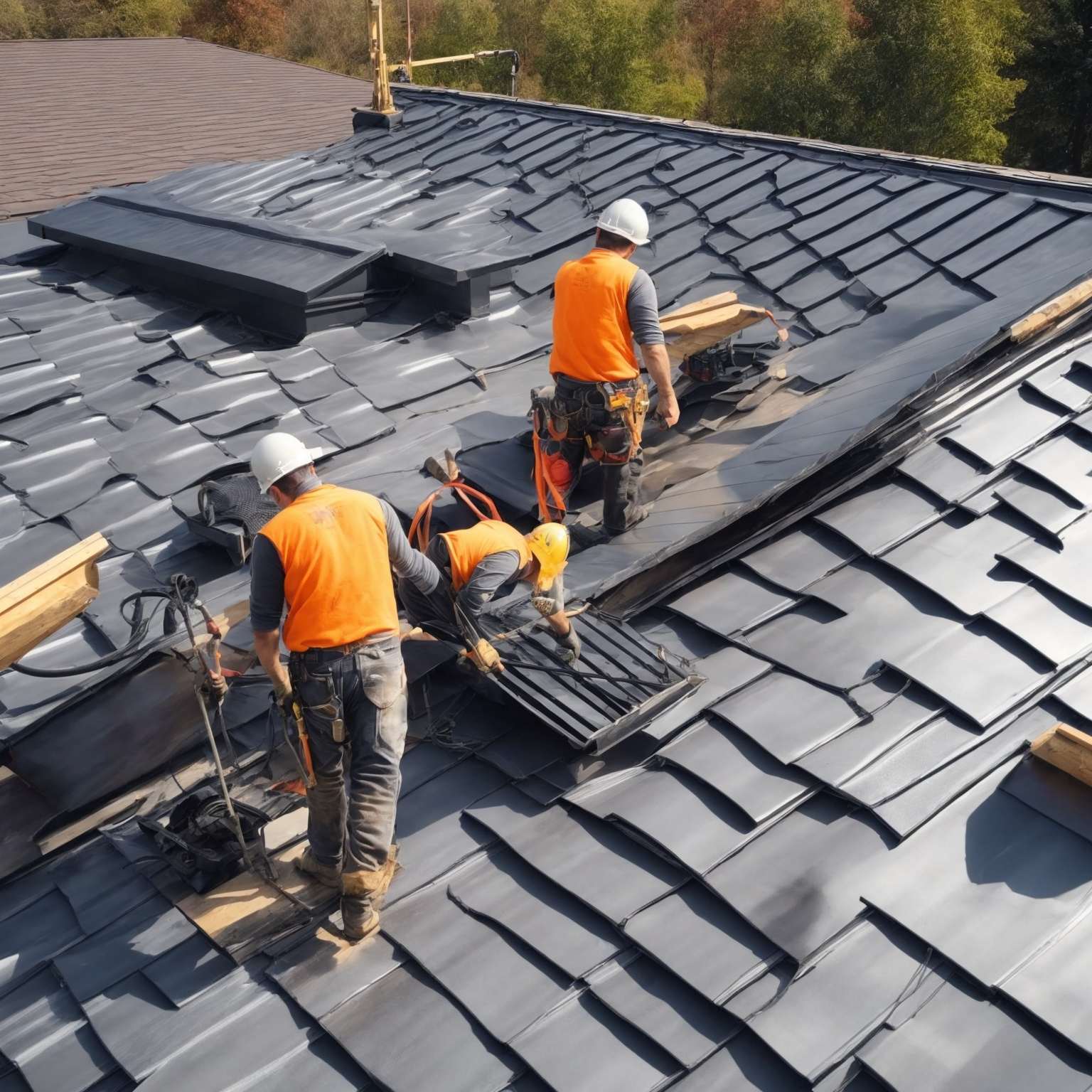 Three workers installing black metal roofing tiles on residential roof